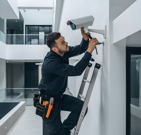 Teknisi jasa pasang CCTV Tangerang sedang memasang kamera di rumah pelanggan